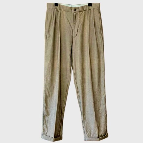 Roundtree and Yorke Wool Blend Herringbone Vtg Dress Pants in Tan Men’s 34/32 - Picture 1 of 7